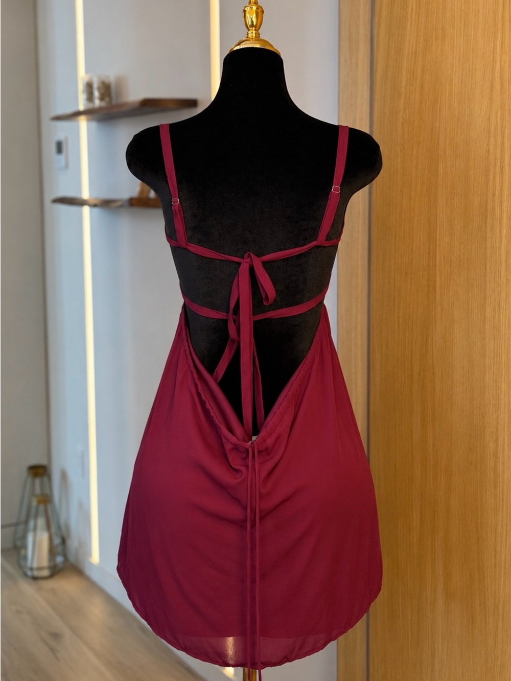 Lucy in the Sky Burgundy Ruched Coquette Babydoll Mini Dress | Cherry Muse - Picture 5 of 5